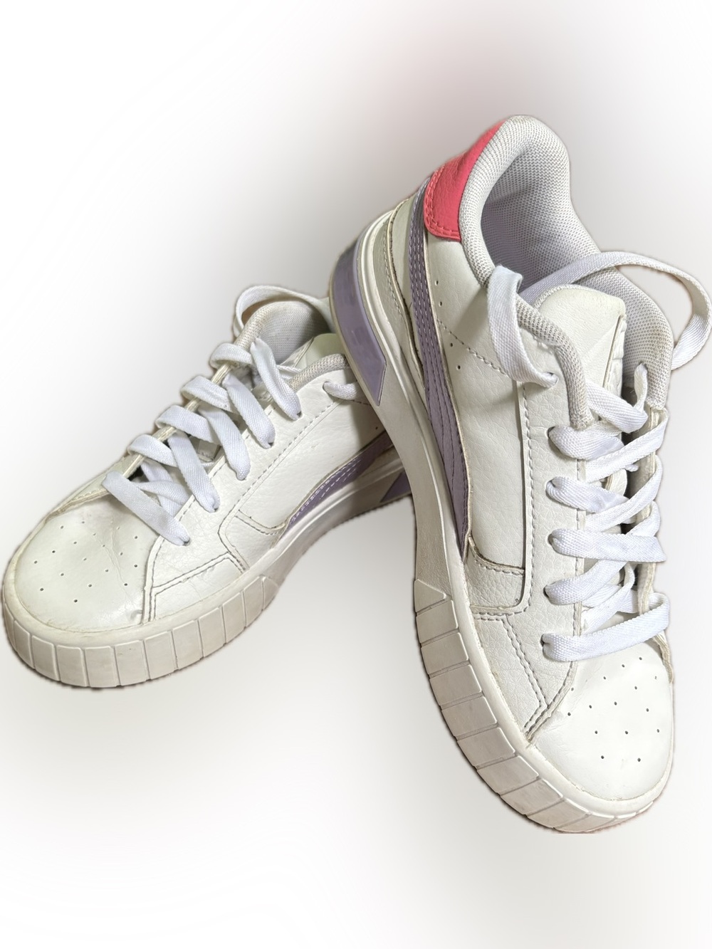 Puma Kids White Sneakers with Lavender Stripe and Pink Heel Accent